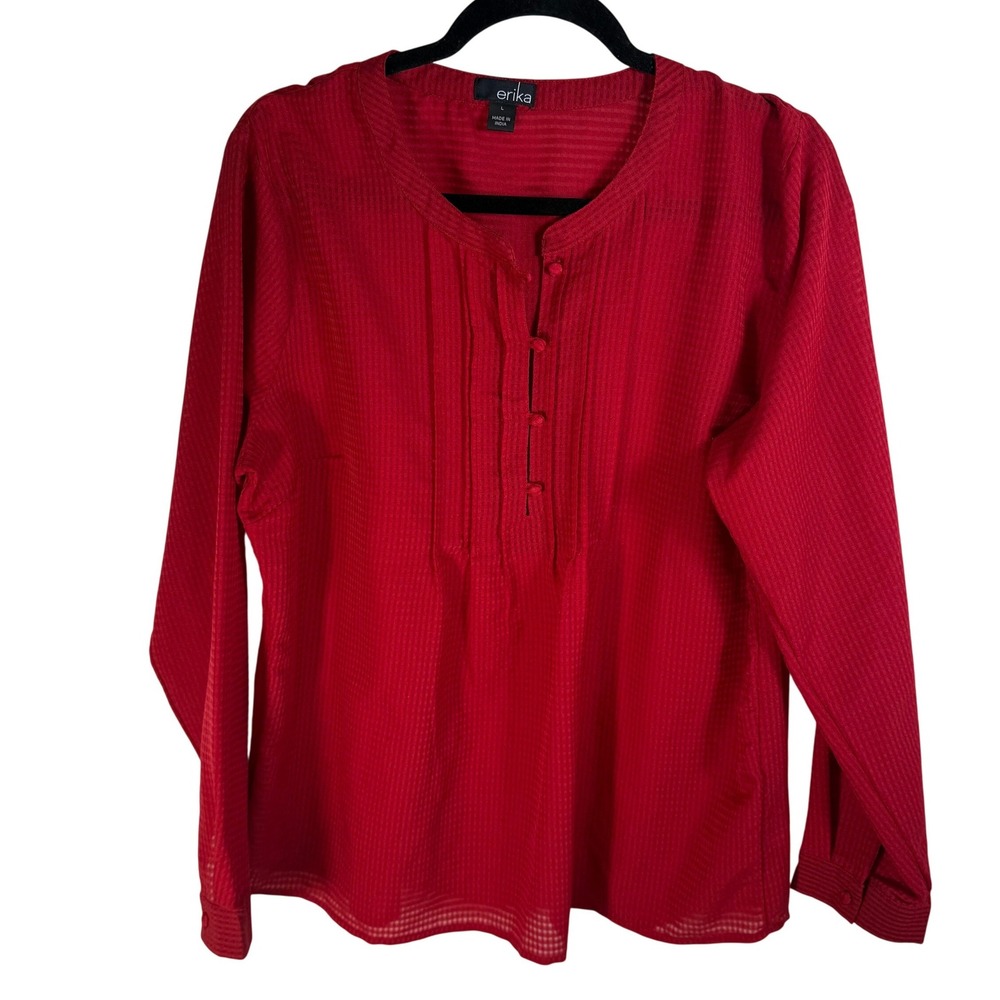 Erika Red Pintuck Long Sleeve Blouse Textured Grid Split Neck Top Large
